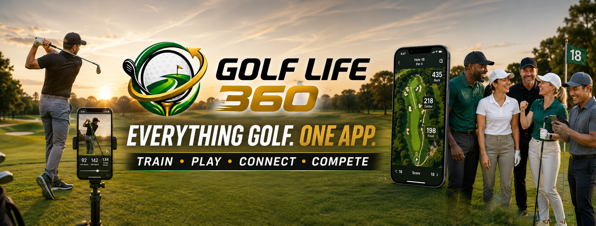 Golf Life 360 app shown on phones with golfers on the course