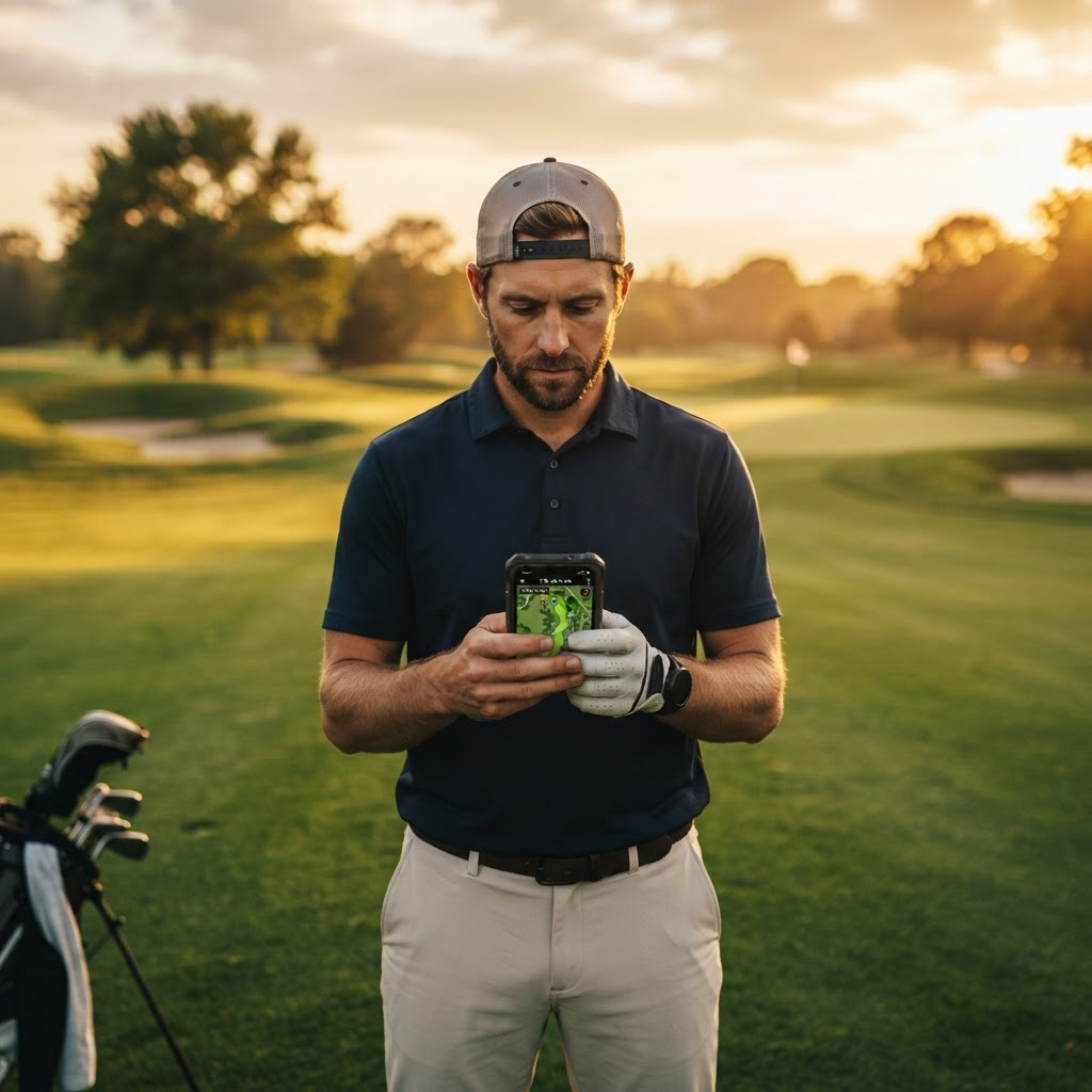 Golfer using the Golf Life 360 GPS rangefinder on the course